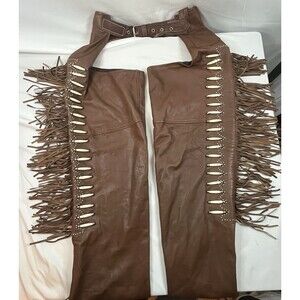 Vintage Sunrider Brown Fringe Beaded Chaps Size XXL Motorcycle Western Leather